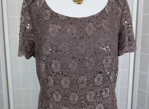 Jacques Vert Dress Size 16 Taupe Lace Sequin Layered Short Sleeves Wedding Party - Picture 7 of 15