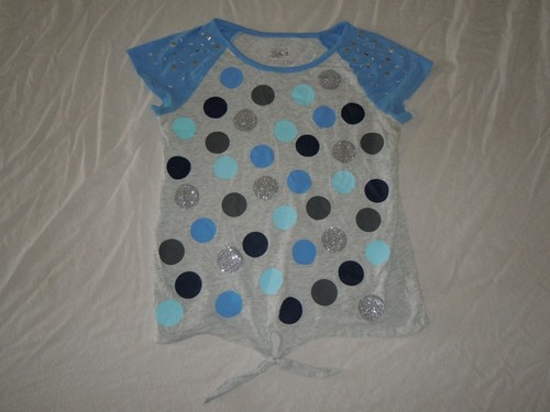 JUSTICE Girls SHIRT size 10 Gray blue Polka Dots short sleeve tie front - Picture 1 of 4