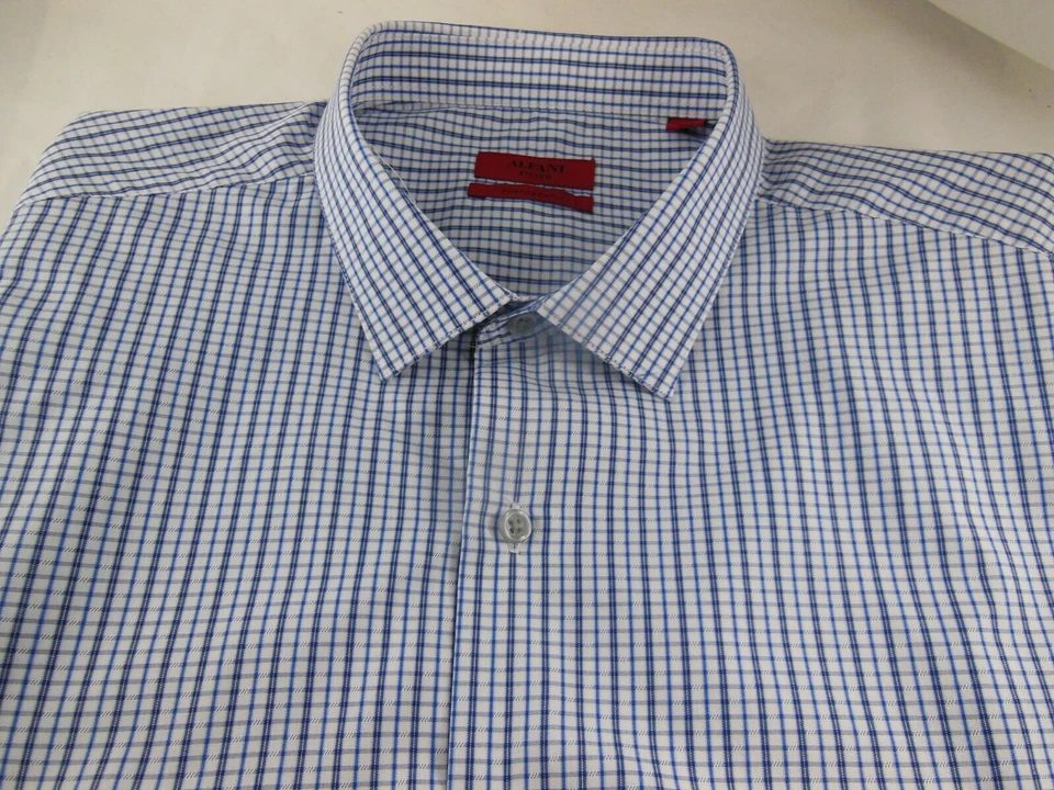 Camisa de vestir ajustada Alfani para hombre talla XL blanca azul a cuadros manga larga  Foto 4 de 4