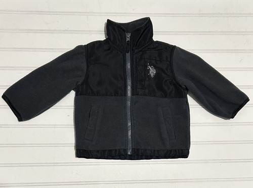 U.S. Polo Assn Baby Jacket Size 12 Months Black Fleece Zippered Hoodless Pockets