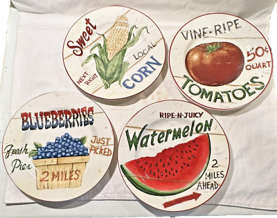 Set of 4 SAKURA HomeTrends FARM FRESH VEGETABLES & FRUIT 8'' SALAD PLATES EUC!