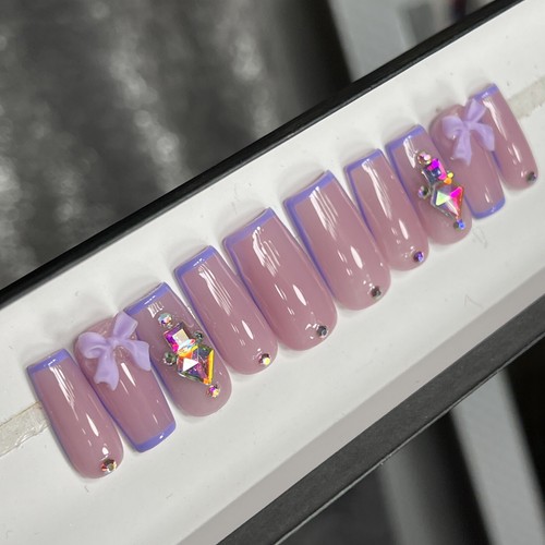 ๐๐ CUSTOM Press On Nails FRENCH PURPLE BOW BLING Rhinestones 10p SET W Kit - Picture 10 of 11