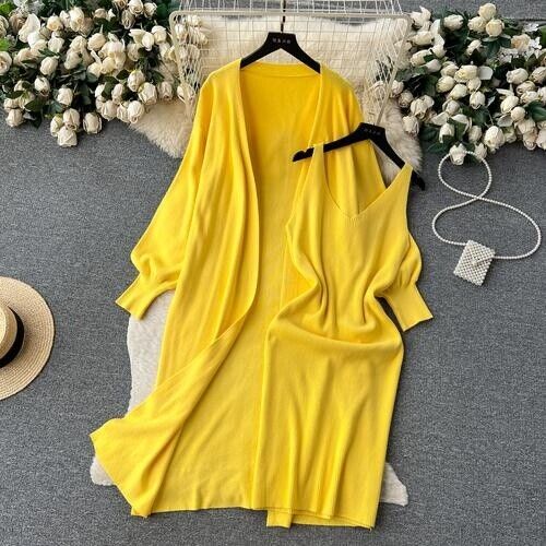 2 Piece Knitted Sweater Outfits V-neck Dress Long Cardigan Coat Suit Casual Soft - Picture 21 of 25