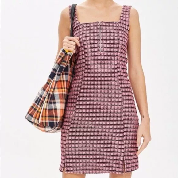 TopShop Pink Check Mini Pinafore Dress Square Neck Quarter Zip size 4