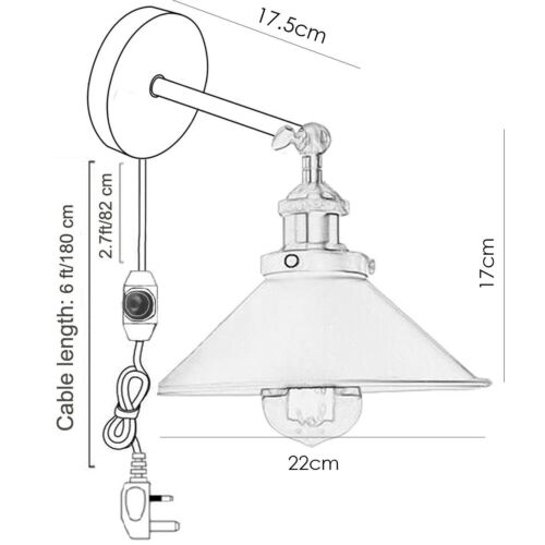 Vintage Industrial Black Wall Light Metallic Indoor Loft 2m Plug in Wall Lights - Picture 2 of 21