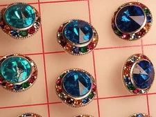 5 Multi Colored Rainbow Rhinestone Shank Buttons Turquoise Blue  7/8"