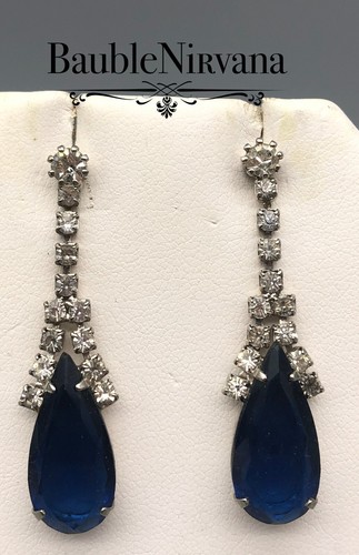 Juego de pendientes colgantes vintage de cristal azul zafiro oscuro con pedrería y lágrima - Imagen 1 de 4