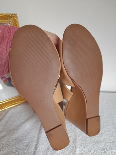 Next Sandals Size 5 wide fit beige high wedge ankle strap buckle - Picture 6 of 6