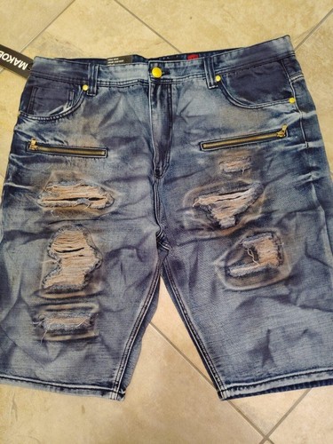 Men Blue Ink Denim Shorts by Makobi Distressed & Ripped Gold Accents Size 42 - Picture 3 of 6