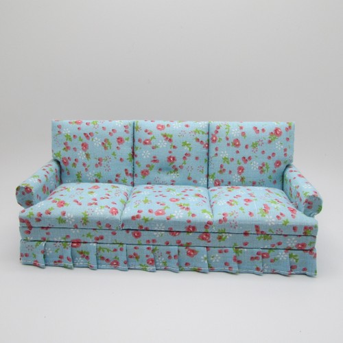 Dollhouse Miniature Complete Living Room Set 5 Pcs in Floral Blue Fabric T0099 - Picture 6 of 13