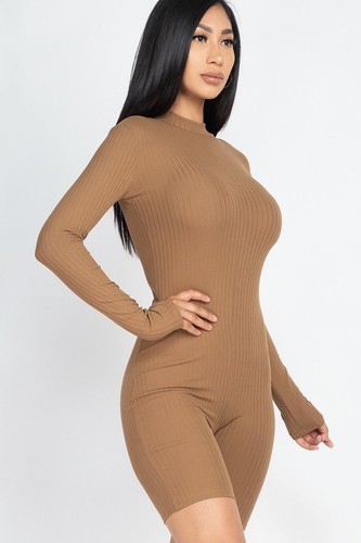 Women's Mock Neck Ribbed Knit Bodycon Jumpsuit??Zip Up Back Long Sleeve Romper - Picture 8 of 11