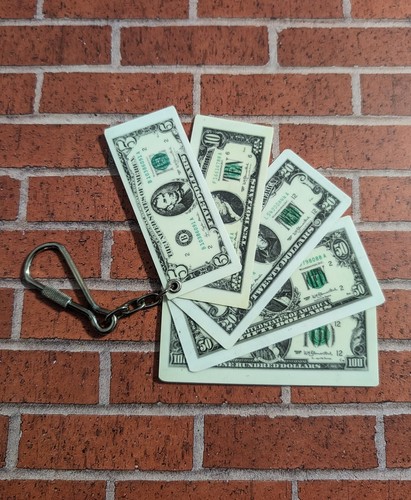 Money Keychain Novelty USA Dollar Bills Keyring Plastic Currency $ Vtg Brand New - Picture 1 of 10