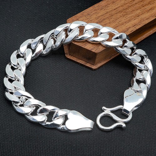 Pure S999 Fine Silver Chain Women Men 12mmW Curb Link Bracelet 60-61g 8.26inch - Picture 1 of 6