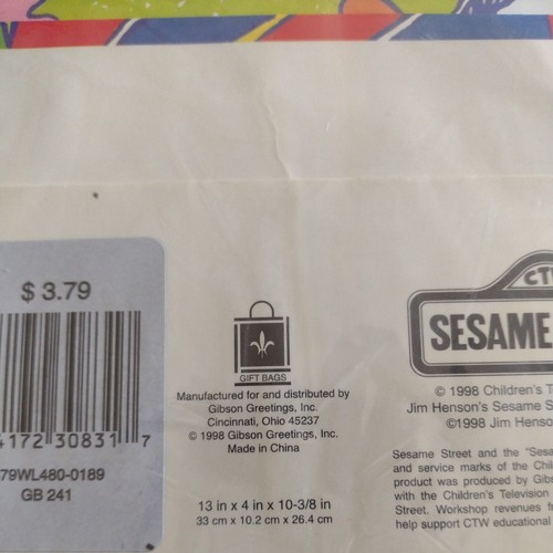 (4) Vintage 13" X 10-3/8" Sealed Sesame Street Big Bird, Elmo 1998 Gift Bags - Picture 4 of 6