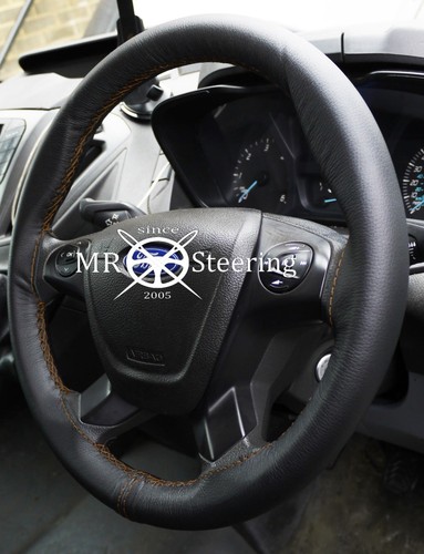 FOR FORD TRANSIT CONNECT 13+ BLACK LEATHER STEERING WHEEL COVER BROWN STITCH - Picture 2 of 6
