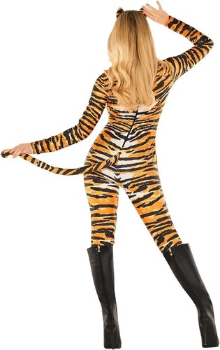 Women`s Tiger Jumpsuit Ladies Animal Print Halloween Fancy Dress Costume Catsuit - Picture 14 of 15