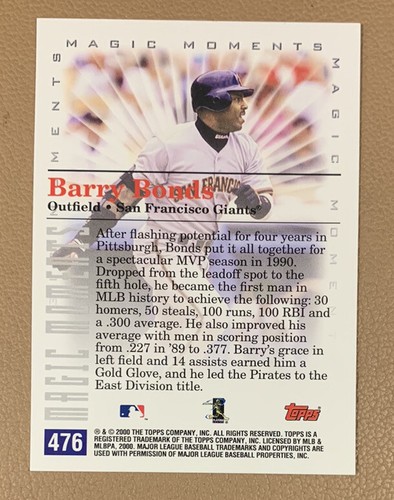 2000 Topps Barry Bonds Giants Magic Moments 1992 MVP #476 Centered Mint - Picture 2 of 2