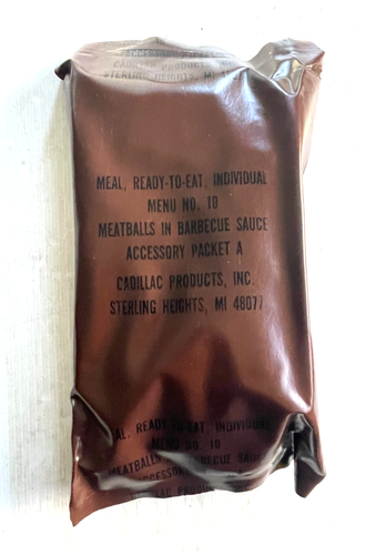 EARLIEST CONTRACT DATE (1981) US "BROWN BAG" MRE MENU #10 MEATBALLS IN BBQ SAUCE