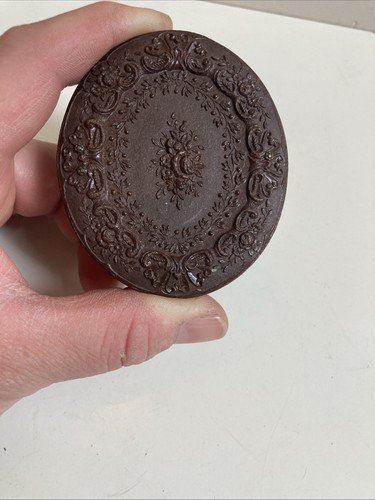 Vintage Compact Case Brown Flowers Art Oval  - Picture 1 of 13