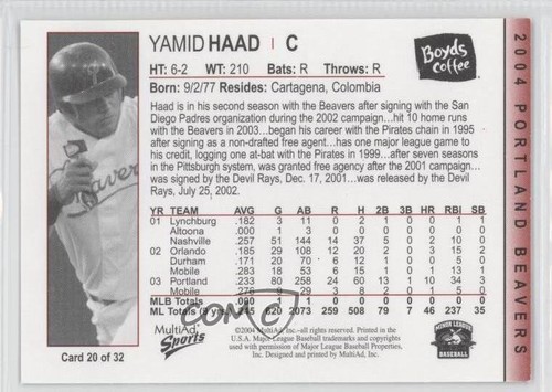 2004 MultiAd Sports Portland Beavers Yamid Haad #20 - Picture 2 of 3