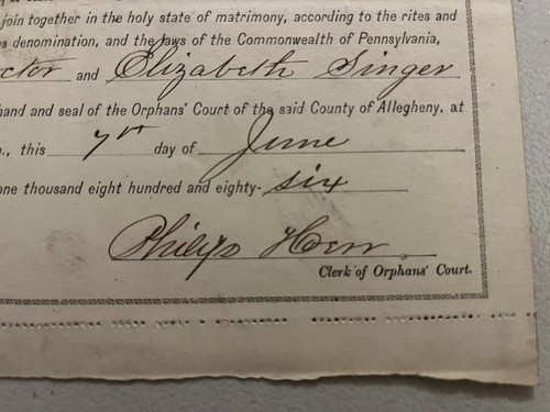 1885-1886 2 certificati di matrimonio Allegheny PA con sigillo Pittsburgh storia giuridica - Foto 3 di 8