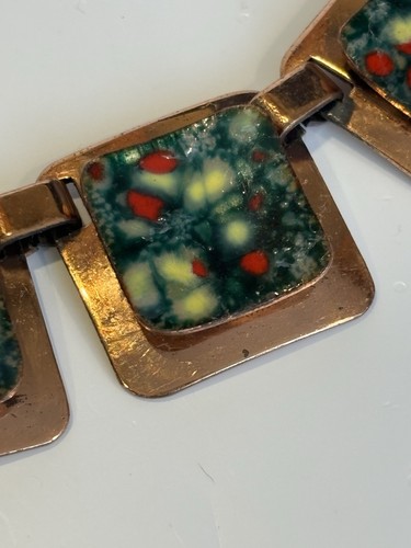 Vintage Matisse Renoir Green SeaMoss Speckled Enamel Copper Square Link Necklace - Picture 5 of 8