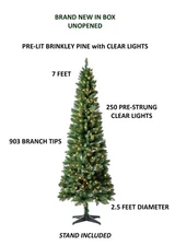7' PRE-LIT BRINKLEY PINE GREEN Christmas Tree w/ 250 Clear Lights - NIB UNOPENED