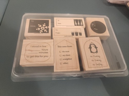 2005 Stampin Up Wood Mounted Rubber Stamp Tag Line Set Of 7 Gift Tags