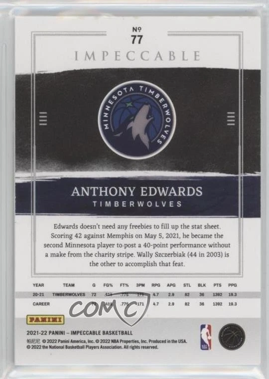 2021-22 Panini Impeccable Gold /49 Anthony Edwards #77 - Image 2 of 2
