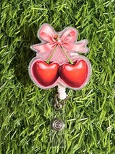 Cute Cherry Bow Retractable Badge Reel Work ID Holder Clip Acrylic Name Tag