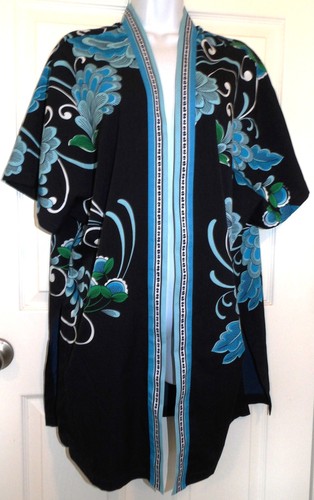 NWOT Black w/Blue Print CHICO'S Short Sleeve Duster - VERY GENEROUS S/M