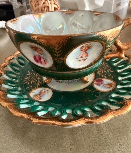 TAZA DE TÉ DE 3 PATAS CHINA ROYAL SEALY CON PLATILLO PORCELANA SET-VERDE-DE COLECCIÓN-JAPÓN - Imagen 2 de 15