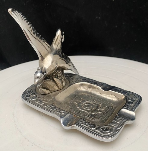 VTG ART DECO SILVER PLATED IRON CAST BIRD ROSLY TABLE ASHTRAY 5" x 4" , c1935 g+ - Picture 2 of 13