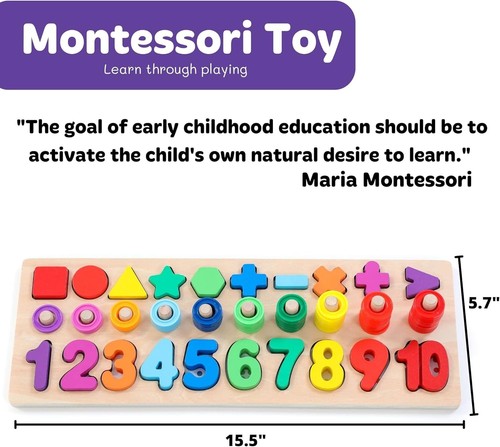 Wooden Montessori Number Puzzles for Kids Toddler Learning Sorting Stacking Game - Picture 4 of 10