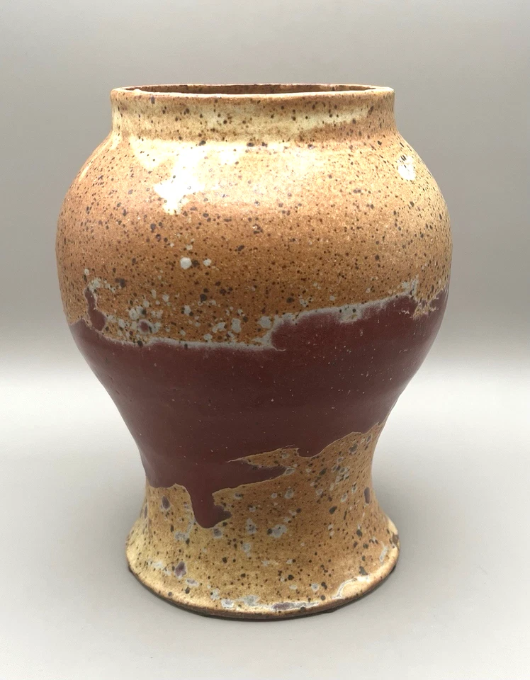 Vintage Artist Signed MCM Art Pottery Two Tone Drip Glaze Heavy Vase 8.5" t. - Image 2 of 4