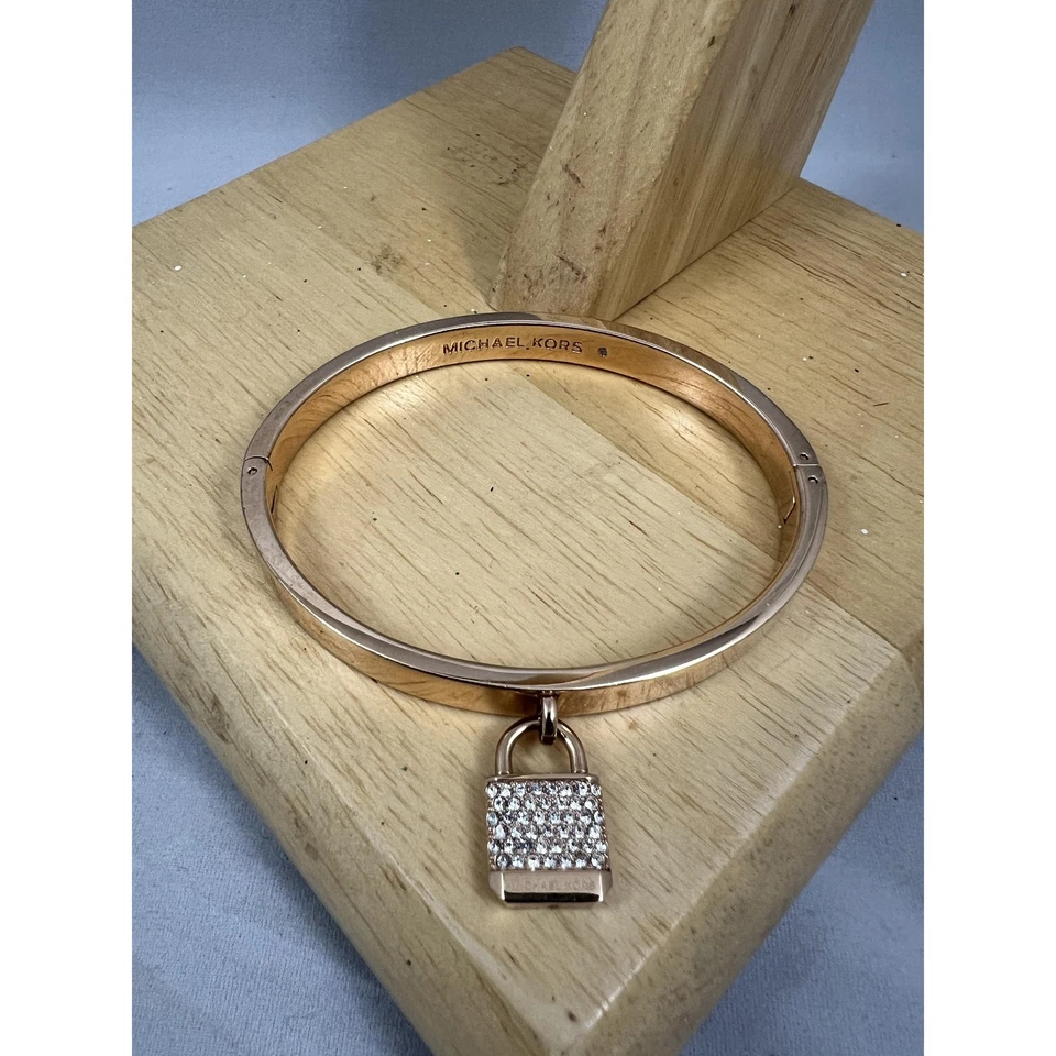 Michael Kors One Size Rose Gold-Tone Bangle Pavé Lock Charm Hinged Chic Modern - Image 4 of 4
