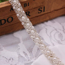 1 Yard White Beaded Crystal Rhinestone Applique, Rhinetones Trim for Dress, Brid