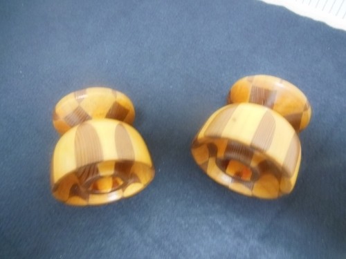 Pair Vintage MCM Treen Two Tone Wood Marquetry Candle Sticks - Picture 7 of 9