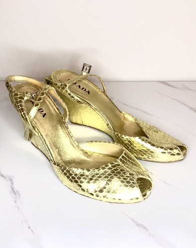 Prada gold metallic wedges heels shine