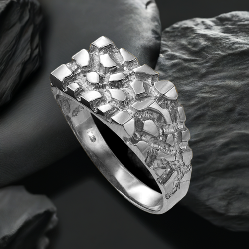 Mens Sterling Silver Rectangular Nugget Ring - Picture 1 of 2