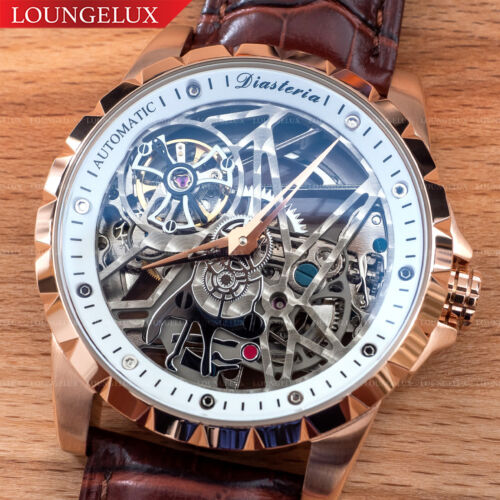 Herren Luxus Skelett Automatische Mechanische Uhr - Roségold Weißes Zifferblatt Leder - Bild 2 von 12