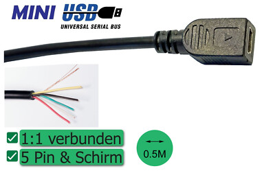 Mini-USB-Buchse, 5-polig verbunden, offenes Ende