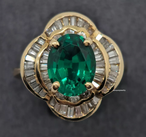 Edwardian Vintage 3Ct Oval Cut Green Emerald Women's Ring 14K Yellow Gold Plated - Picture 2 of 5