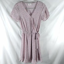 Sienna Sky Faux Wrap Mini Dress Women XS Pink Floral Short Sleeve Ruffle Bottom