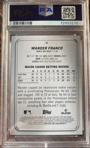 2022 Bowman Platinum Wander Franco Rookie #69 RC Rays PSA 9 Mint ๐๐ฅ - Picture 2 of 2