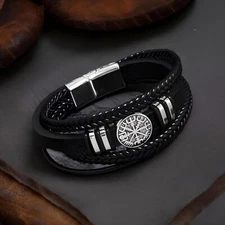 Men's Nordic Viking Compass Leather Braided Bracelet Magnetic Clasp Wristband