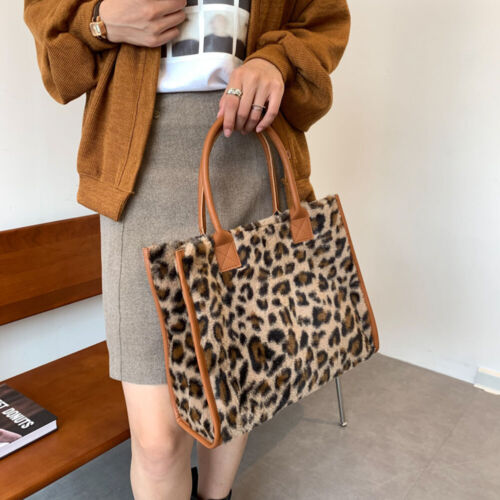 Women Soft Autumn Tote Purse PU Leopard Print Winter Plush Handbag (Leopard) - Picture 5 of 12