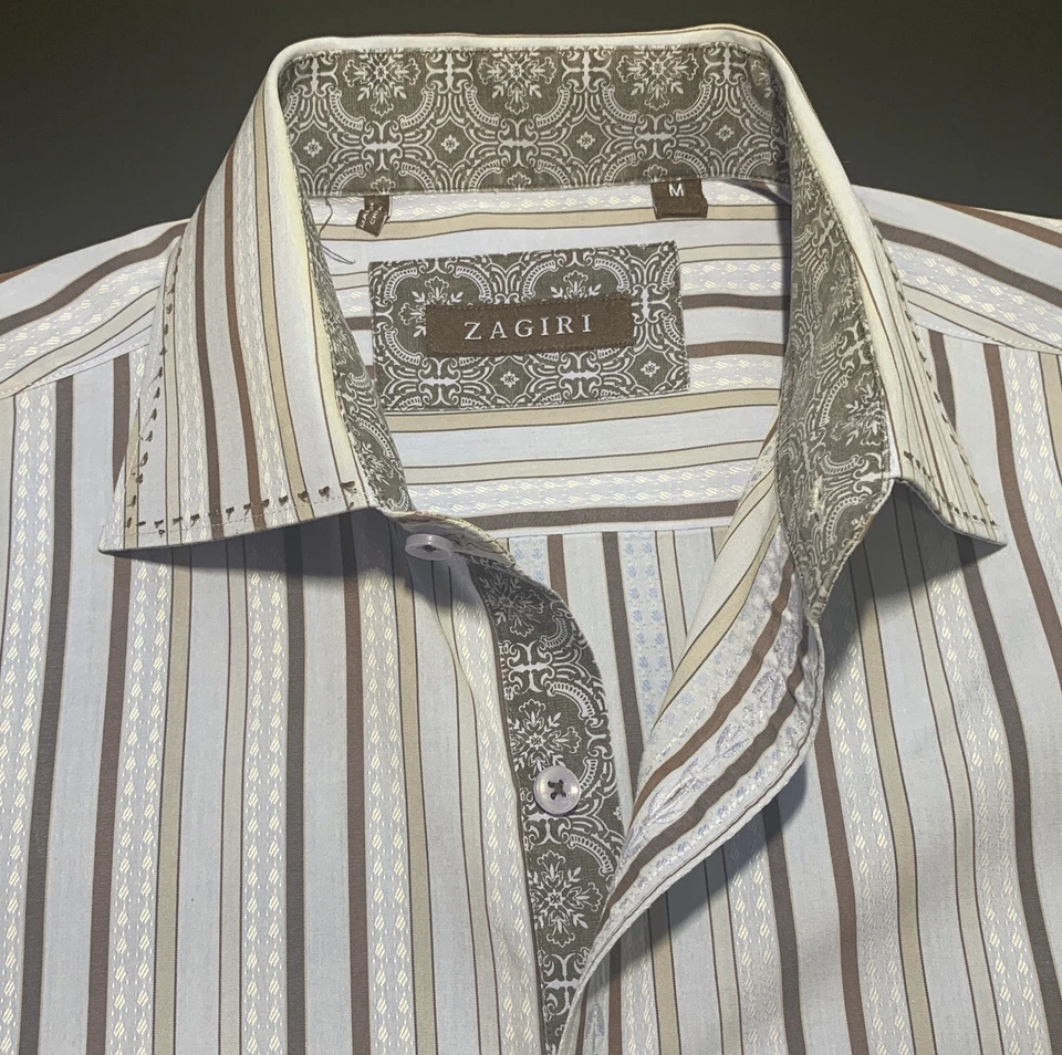 ZAGIRI Hombre MEDIANO Azul y Marrón Rayas Manga Larga 100% Algodón con Puños Abatibles Foto 3 de 4