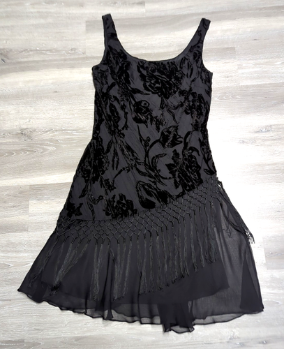 Vintage 90s Y2K Alex Velvet Burnout Dress Black Floral Asymmetric Fringe Whimsigoth - Bild 5 von 9