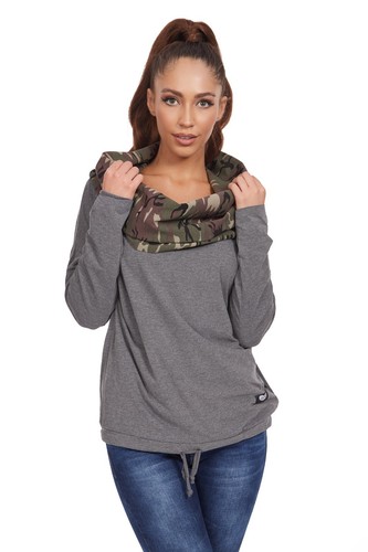 Womens Sweatshrt with Roll-up Collar and Camo Motif Hoodie for Ladies FT3190 - Picture 2 of 10